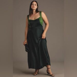 Anthropologie Green and Dark Green Satin Midi Dress